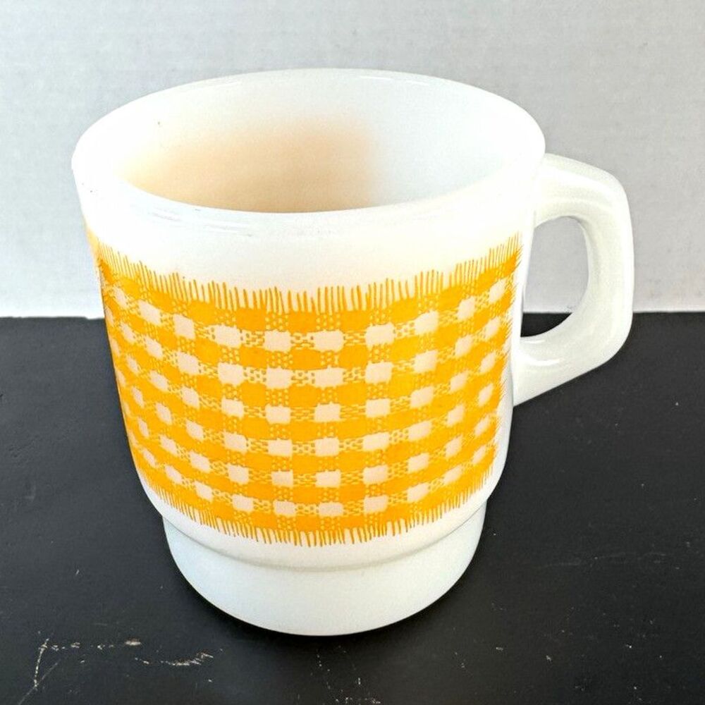 VTG 1960s Fire-King Yellow Gingham Stacking Mug Anchor Hocking Milk Glass MCM